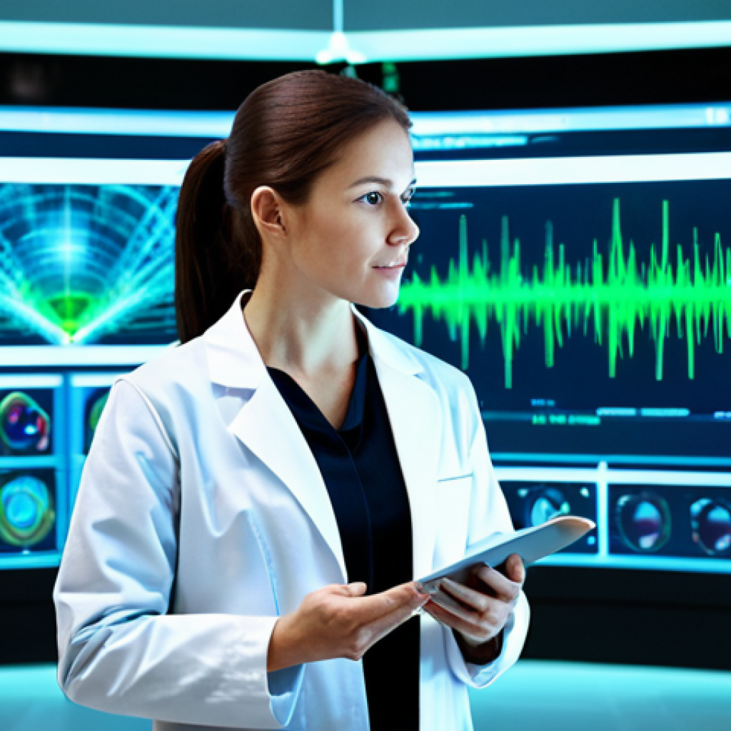 A professional female scientist in a pristine, modest lab coat, standing in a futuristic medical research laboratory. She is observing a holographic medical interface displaying abstract genetic data and diagnostic visualizations. The lab features glowing blue and green data streams and large transparent screens in the background, creating a clean, high-tech, and sterile atmosphere. Perfect anatomy, correct proportions, natural pose, well-formed hands, proper finger count, natural body proportions, professional photography, high detail, sharp focus, professional dress, appropriate content, safe for work, fully clothed.