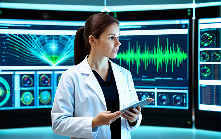 A professional female scientist in a pristine, modest lab coat, standing in a futuristic medical research laboratory. She is observing a holographic medical interface displaying abstract genetic data and diagnostic visualizations. The lab features glowing blue and green data streams and large transparent screens in the background, creating a clean, high-tech, and sterile atmosphere. Perfect anatomy, correct proportions, natural pose, well-formed hands, proper finger count, natural body proportions, professional photography, high detail, sharp focus, professional dress, appropriate content, safe for work, fully clothed.