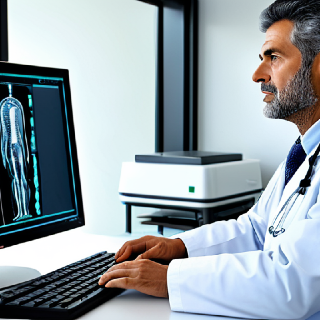 AI-Assisted Diagnosis**
"A Portuguese doctor, fully clothed in professional attire, reviewing a medical scan on a computer screen with AI diagnostic software, modern hospital environment, safe for work, appropriate content, perfect anatomy, correct proportions, family-friendly, digital art, high resolution."
**