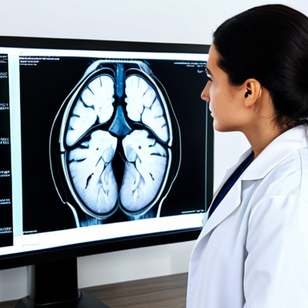 AI-Assisted Medical Diagnosis**
"A bright and modern doctor's office. A female doctor, fully clothed in a professional white coat, reviews a medical scan (MRI or CT scan) displayed on a large monitor. The scan clearly shows an AI overlay highlighting potential areas of concern. The doctor appears thoughtful and focused. Safe for work, appropriate content, professional, perfect anatomy, correct proportions, well-formed hands, modest attire, clean and well-lit environment."
**