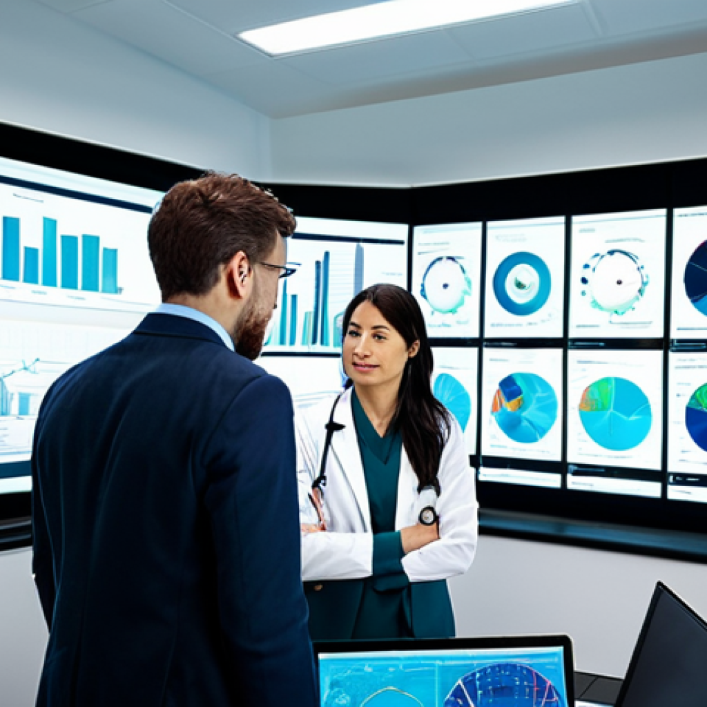 Predictive Analytics in Healthcare**
"A diverse team of data scientists and medical professionals collaborating around a large screen displaying complex data visualizations related to disease prediction. The setting is a brightly lit, modern office. Everyone is fully clothed in professional attire. Focus on collaboration and innovation. Safe for work, appropriate content, fully clothed, professional, perfect anatomy, natural proportions, high quality."
**