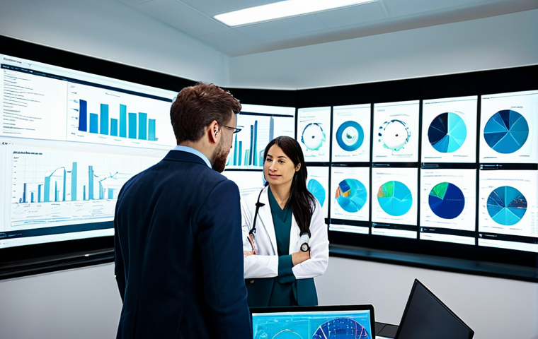 Predictive Analytics in Healthcare**
"A diverse team of data scientists and medical professionals collaborating around a large screen displaying complex data visualizations related to disease prediction. The setting is a brightly lit, modern office. Everyone is fully clothed in professional attire. Focus on collaboration and innovation. Safe for work, appropriate content, fully clothed, professional, perfect anatomy, natural proportions, high quality."
**