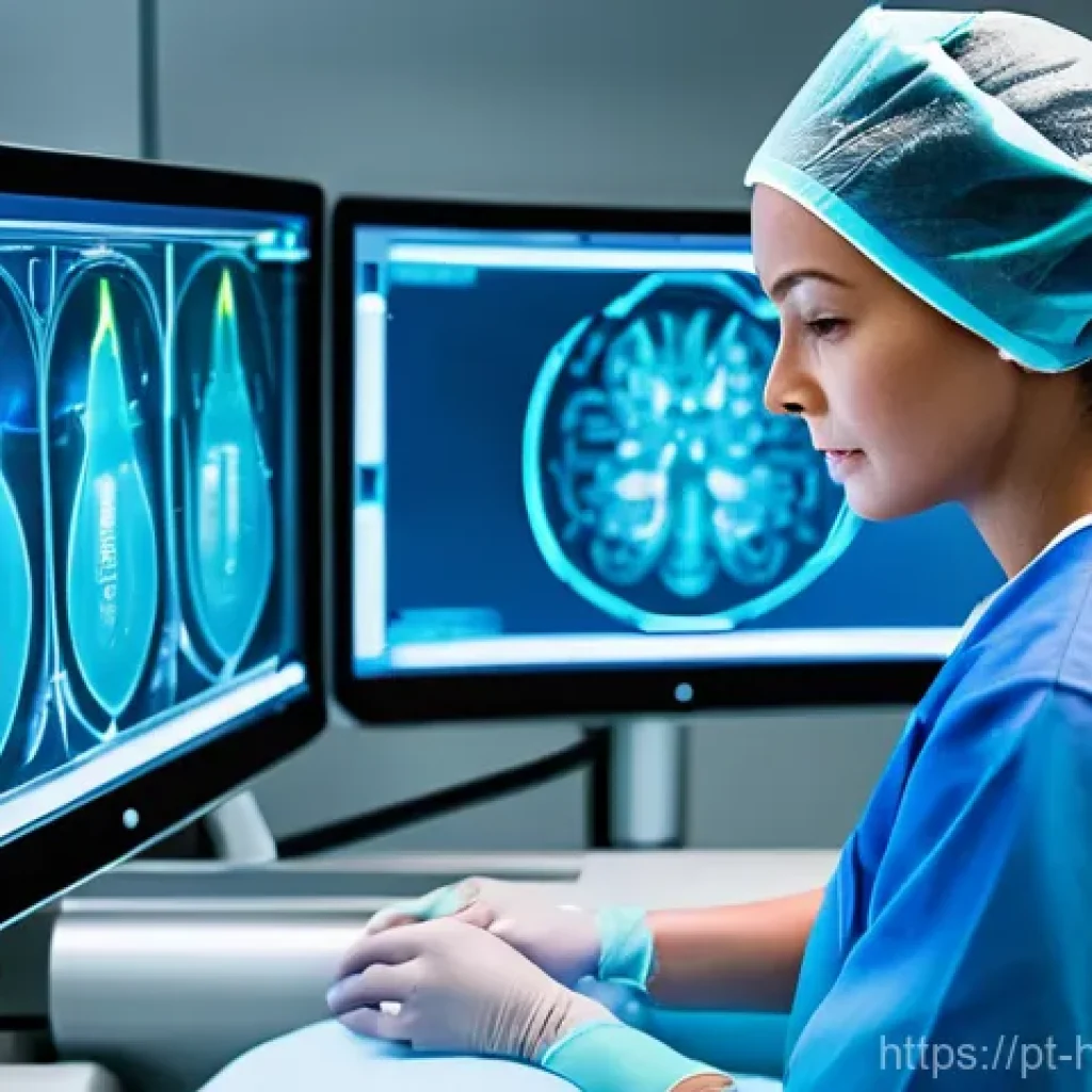 의료 인력의 기술 교육 필요성 - **Prompt:** A highly focused female medical professional, wearing clean, modern scrubs and a surgica...