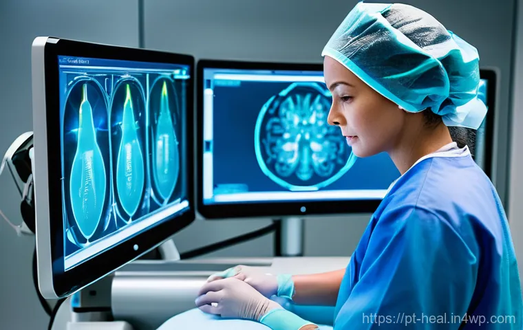의료 인력의 기술 교육 필요성 - **Prompt:** A highly focused female medical professional, wearing clean, modern scrubs and a surgica...