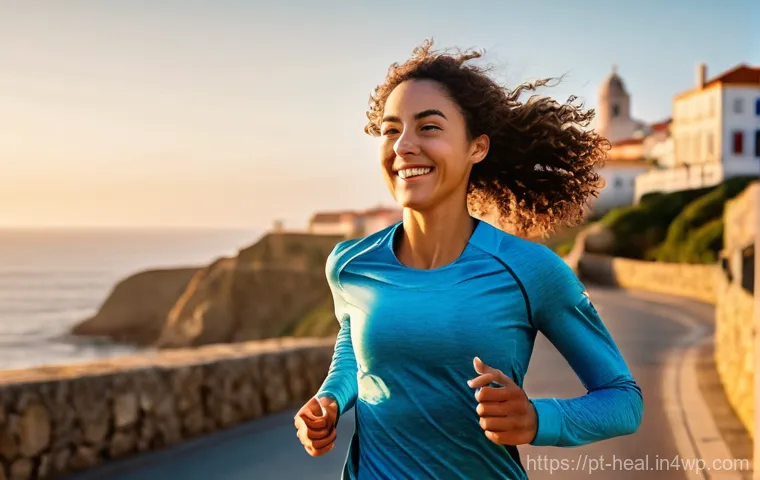 모바일 건강 관리의 성공 사례 - **Prompt:** A young woman, in her late 20s, with a radiant and authentic smile, is gracefully joggin...