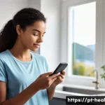 Home 22 디지털 치료제의 가능성과 한계 - A modern digital health app interface displayed on a sleek smartphone held by a young Brazilian adul...