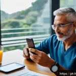 Home 21 모바일 헬스케어의 현황과 전망 - A modern Brazilian healthcare setting showing a middle-aged male patient using a health app on his s...