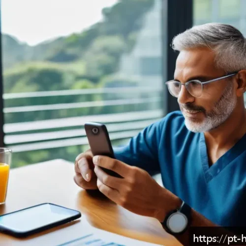 Home 33 모바일 헬스케어의 현황과 전망 - A modern Brazilian healthcare setting showing a middle-aged male patient using a health app on his s...