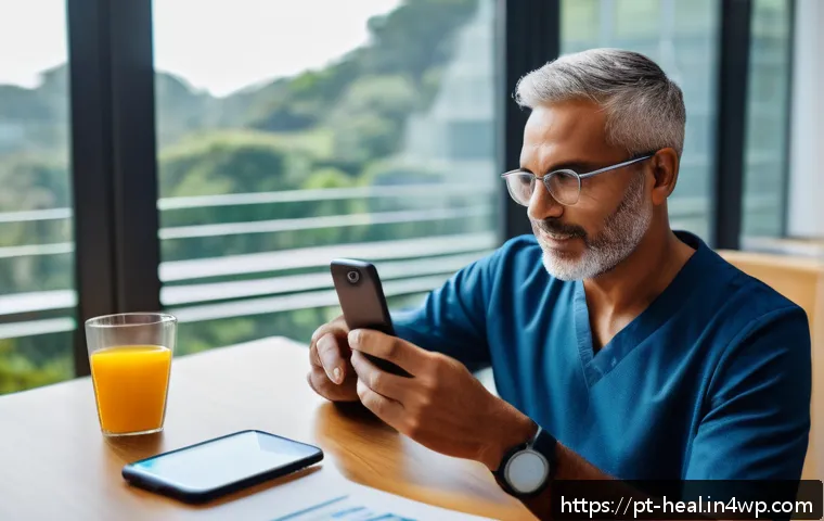 모바일 헬스케어의 현황과 전망 - A modern Brazilian healthcare setting showing a middle-aged male patient using a health app on his s...