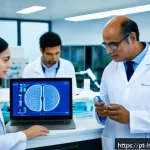 Home 19 유전자 기반 맞춤형 치료의 가능성 - A modern Brazilian hospital research lab showcasing scientists and doctors collaborating on personal...