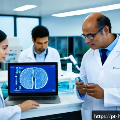 Home 31 유전자 기반 맞춤형 치료의 가능성 - A modern Brazilian hospital research lab showcasing scientists and doctors collaborating on personal...