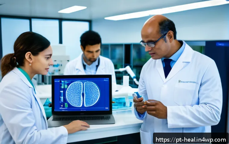유전자 기반 맞춤형 치료의 가능성 - A modern Brazilian hospital research lab showcasing scientists and doctors collaborating on personal...