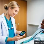 Home 18 의료 분야의 지속 가능한 기술 발전 - A modern hospital room featuring a diverse group of patients wearing smart wearable devices such as ...