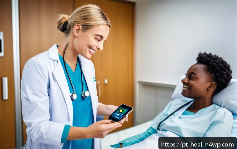 의료 분야의 지속 가능한 기술 발전 - A modern hospital room featuring a diverse group of patients wearing smart wearable devices such as ...